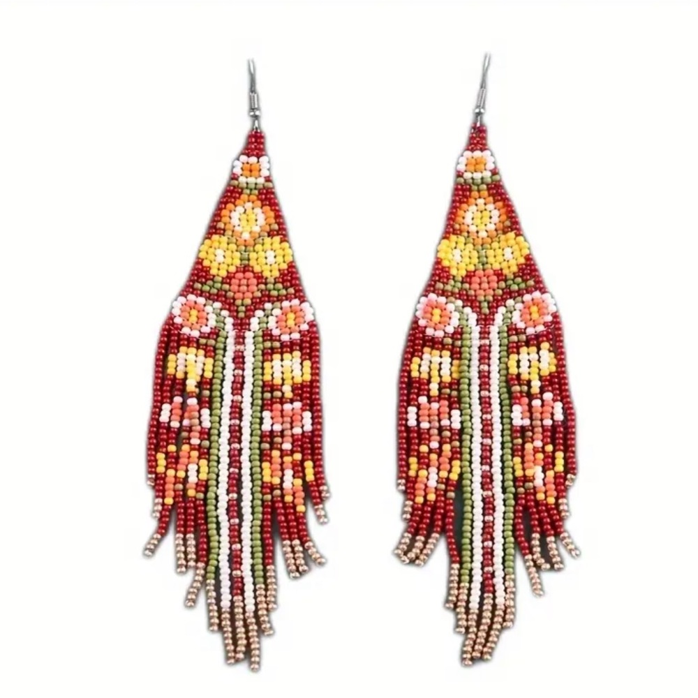 Handmade Bohemian Folk Art Floral Seed Bead Earrings